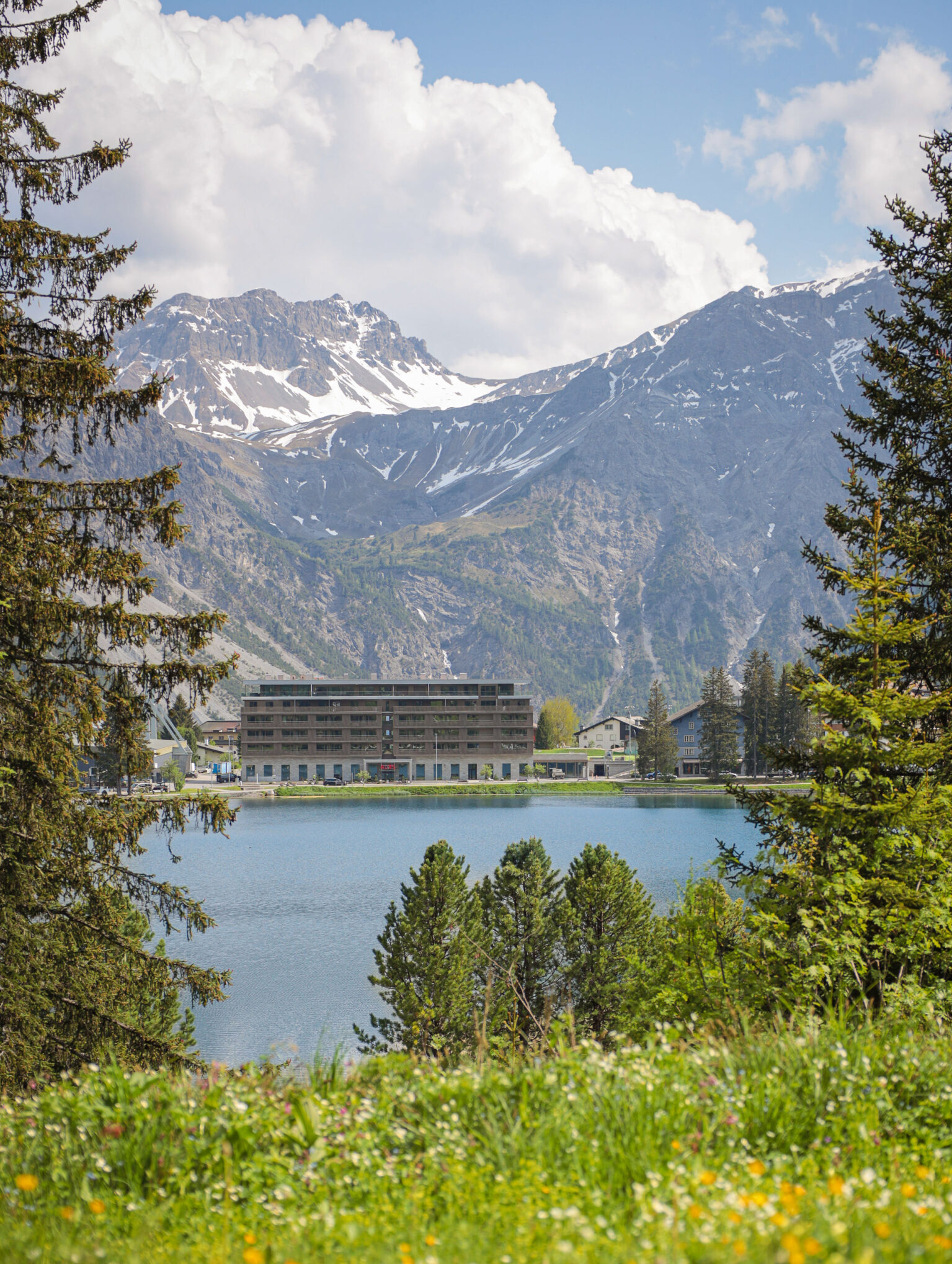 Blick über den Obersee auf das AVES Hotel Arosa, umgeben von Bergpanorama, Nadelwald und einer blühenden Sommerwiese im Vordergrund